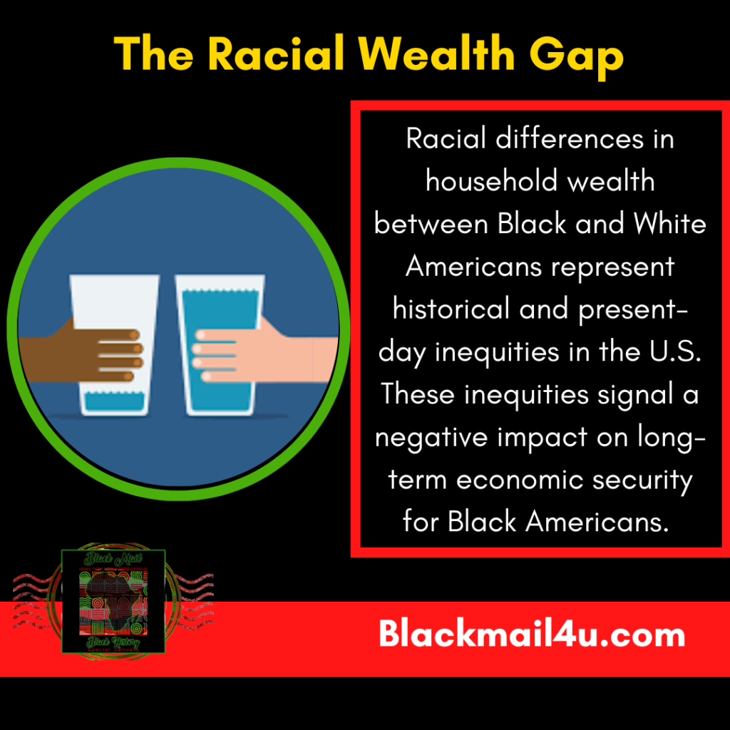 The graphic shows a pic on the left with a glass that is full across from a glass that only a quarter full.  Next to the pic is a statement:  Racial Wealth Gap:  Racial differences in household wealth between Black and White Americans represent historical and present-day inequities in the U.S. These inequities signal a negative impact on long-term economic security for Black Americans. 